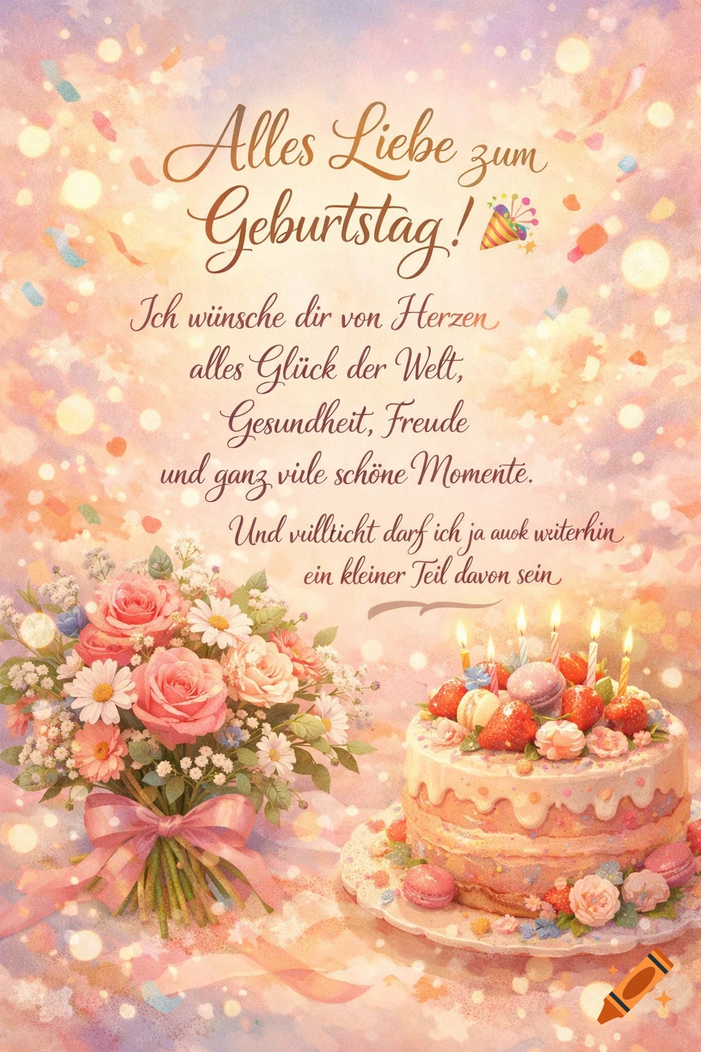 A soft, pink-toned birthday card with German text, a bouquet of pink and white flowers, and a pastel cake with strawberries and candles.