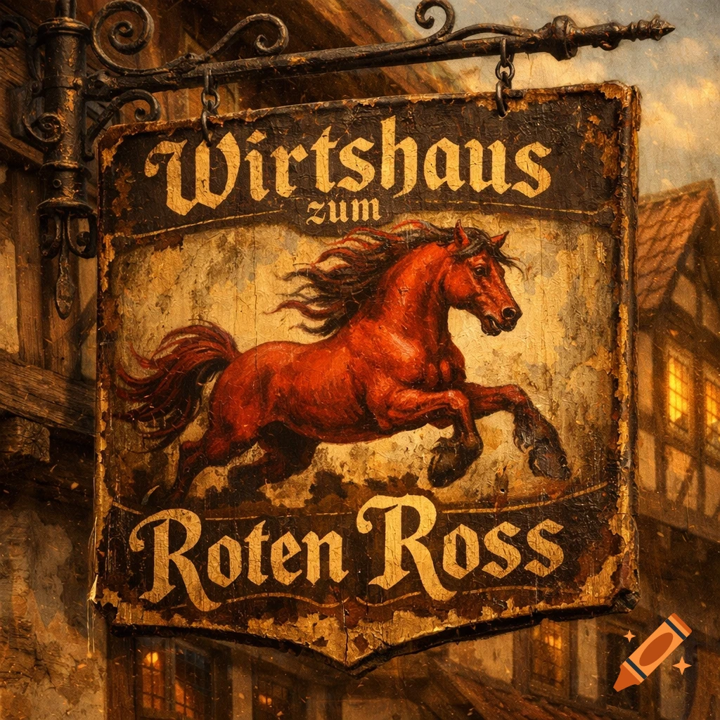 An old, rustic wooden inn sign depicting a red horse mid-gallop, with the German words "Wirtshaus zum Roten Ross" painted in gold on a dark background. The sign is hanging from an ornate metal bracket against a building.