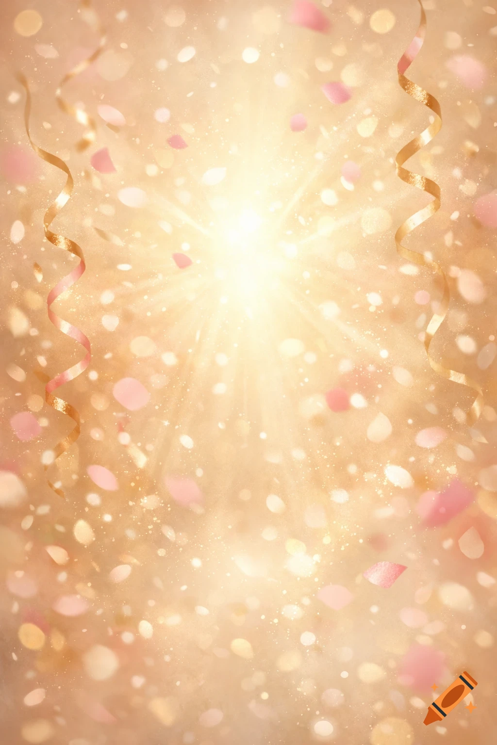 A bright golden background with light rays, sparkling bokeh, falling pink petals, and golden ribbons, creating a festive atmosphere.