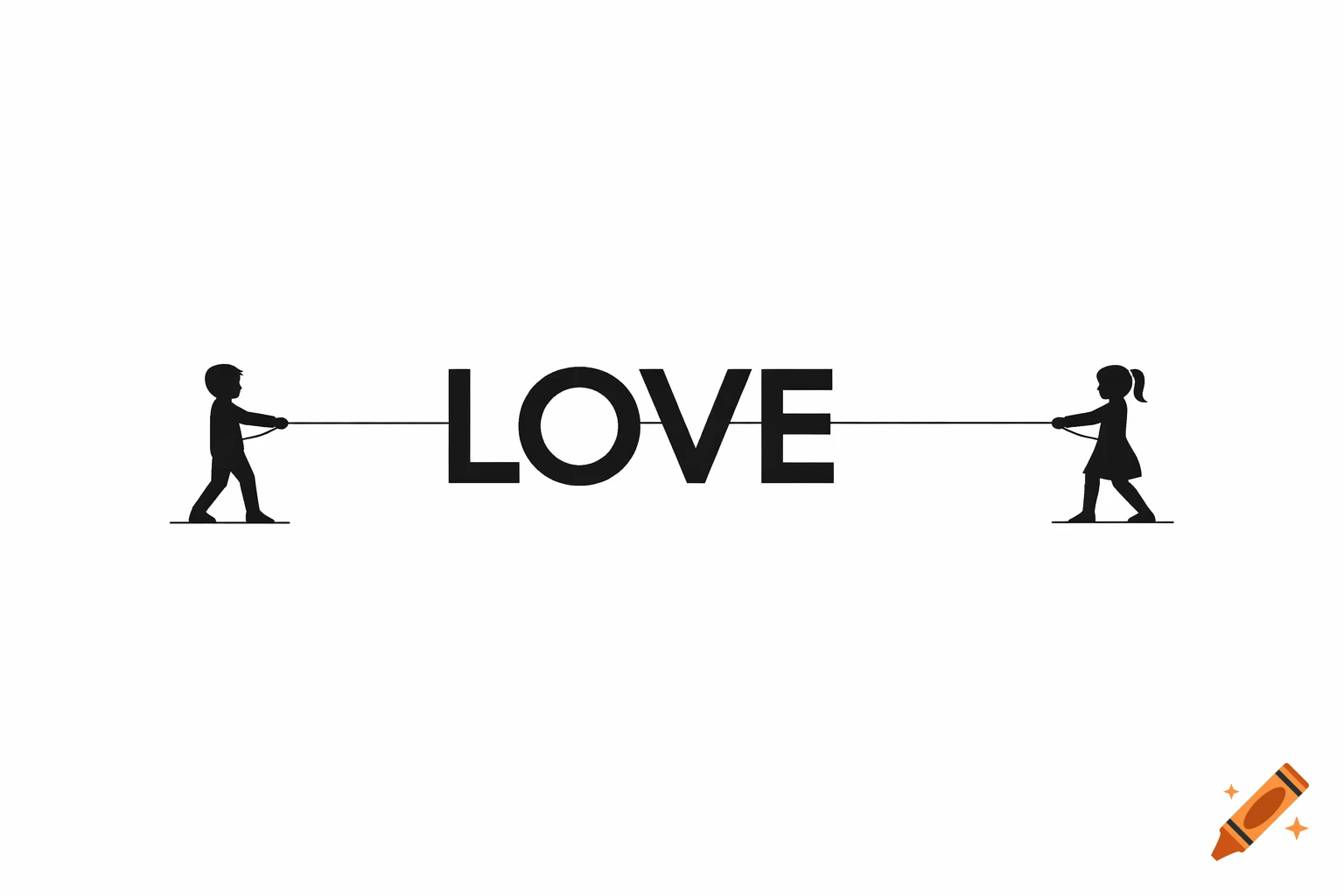 Minimalist black and white vector illustration of a boy and girl pulling on a rope that forms the word LOVE.
