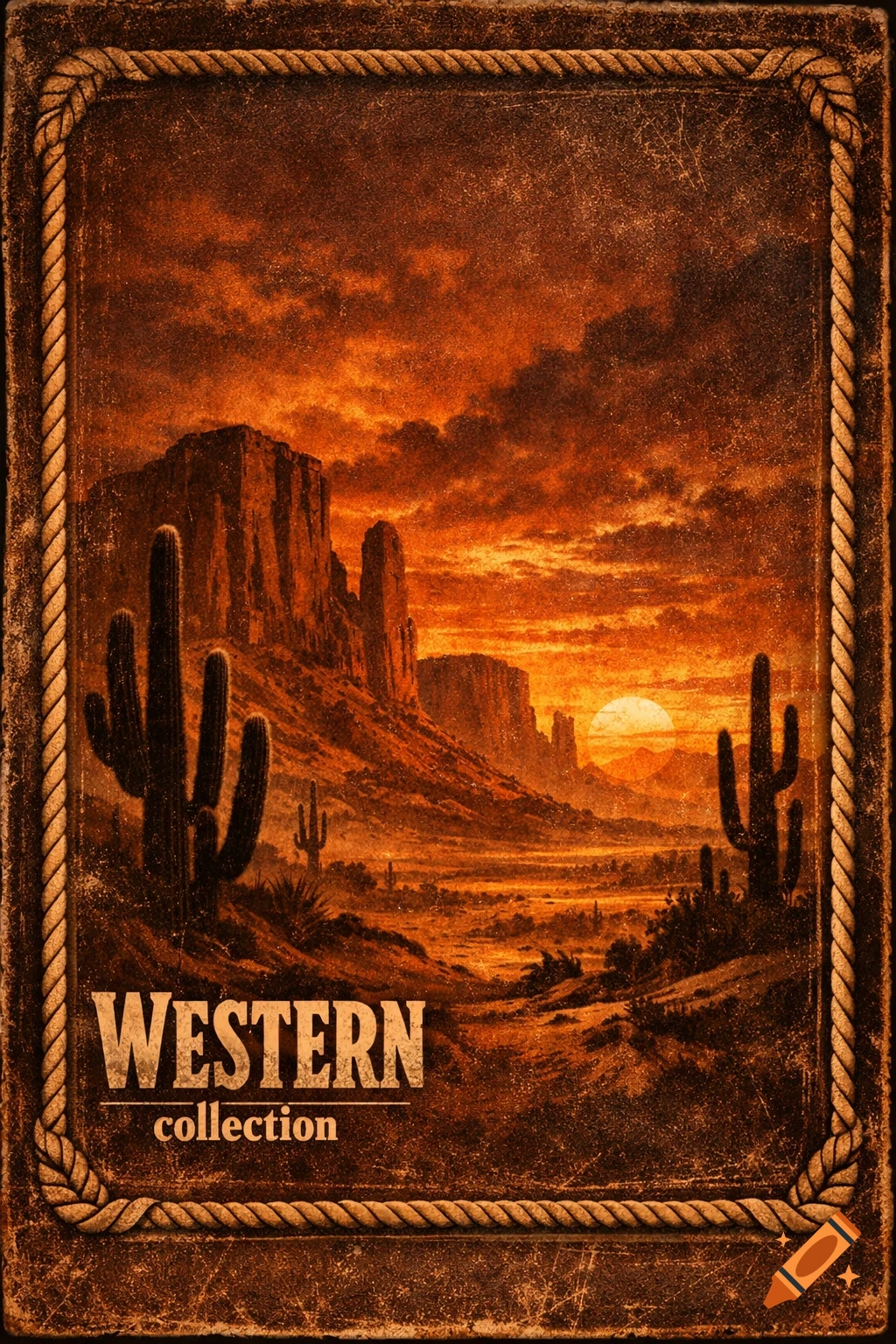 Vintage western movie poster with a desert sunset, mesas, saguaro cacti, and a rope border. Text: WESTERN collection.
