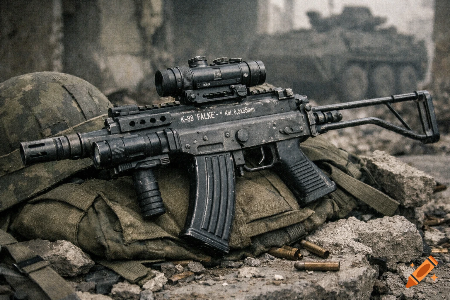 Gritty photo of a K-88 Falke assault carbine on field gear and rubble in a damaged urban setting, with an APC in the background.