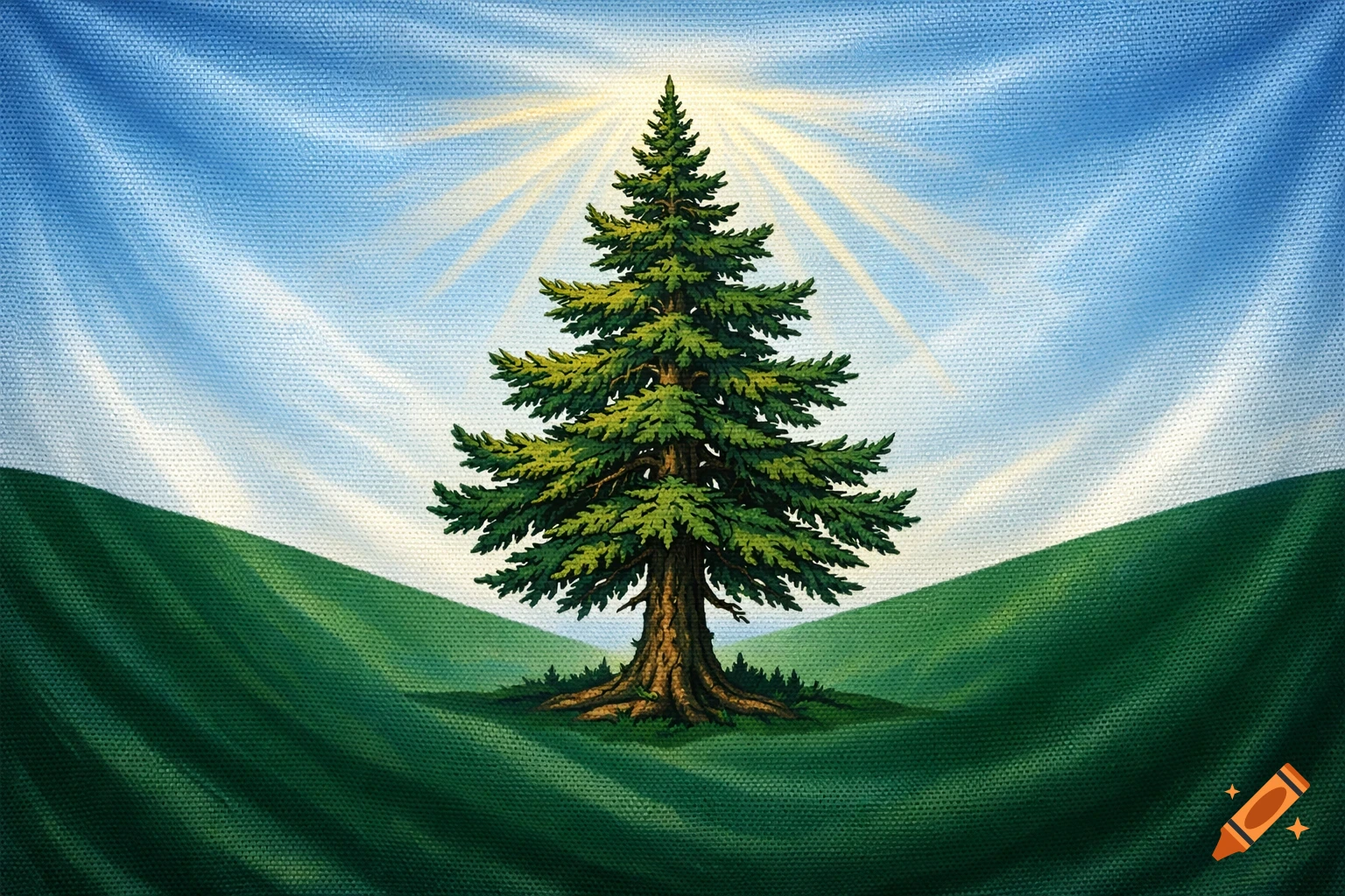 A vibrant green pine tree on a textured flag background, with rolling green hills and a bright sunburst in a blue sky.
