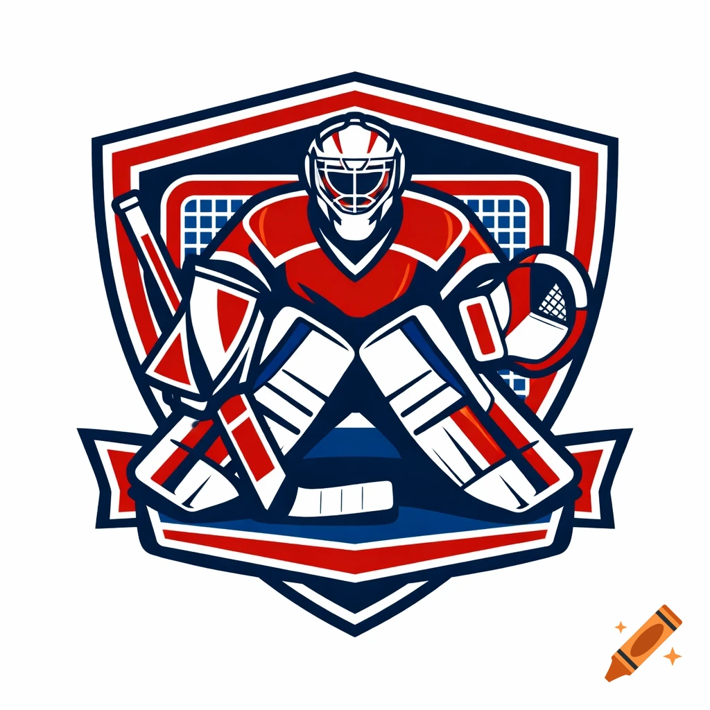 A red, blue, and white logo featuring a hockey goaltender in full attire, including a mask, framed by a shield.