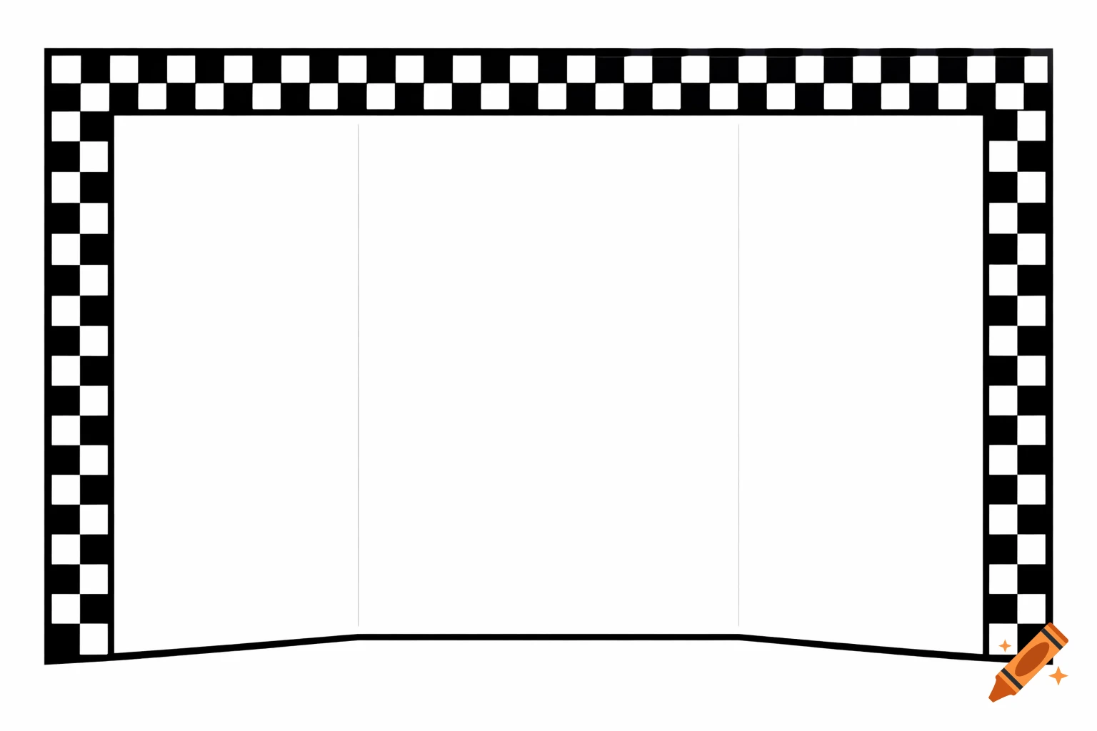 A black and white checkered race border frames a white trifold board.