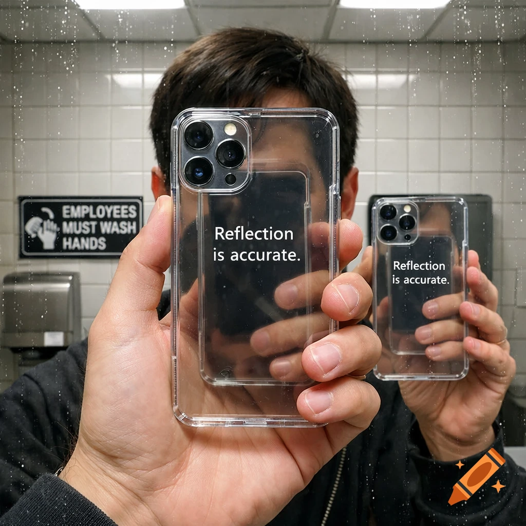 Photorealistic mirror selfie of a person holding a transparent smartphone displaying 'Reflection is accurate' in a public restroom with a 'Employees Must Wash Hands' sign.