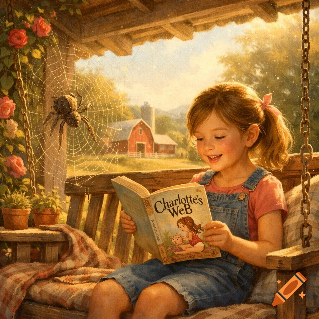 A young girl with a ponytail reads 'Charlotte's Web' on a porch swing, with a spider in its web and a red barn in the sunny background.