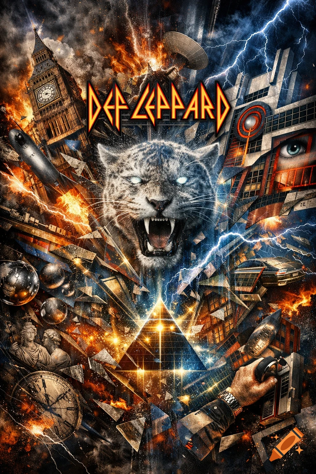 A chaotic collage with the "Def Leppard" logo above a roaring snow leopard, lightning, explosions, Big Ben, and abstract shapes.