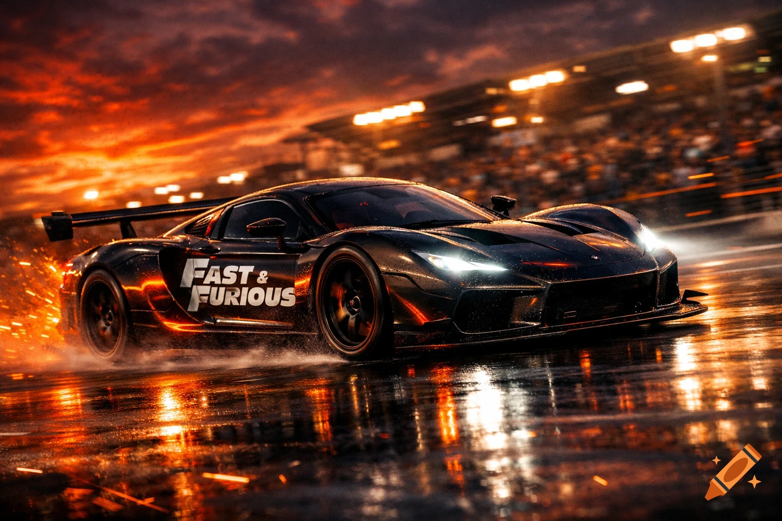 A black racing car with 'FAST & FURIOUS' branding speeds on a wet track at sunset, with sparks flying.