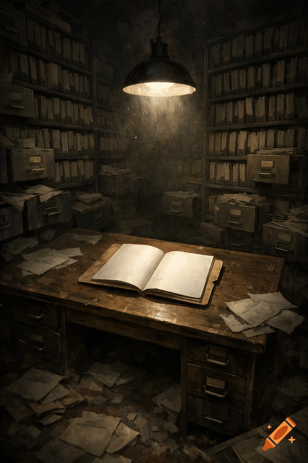 A dusty, dark library or office with an open book on a wooden desk, illuminated by a single lamp, surrounded by scattered papers and shelves of files.