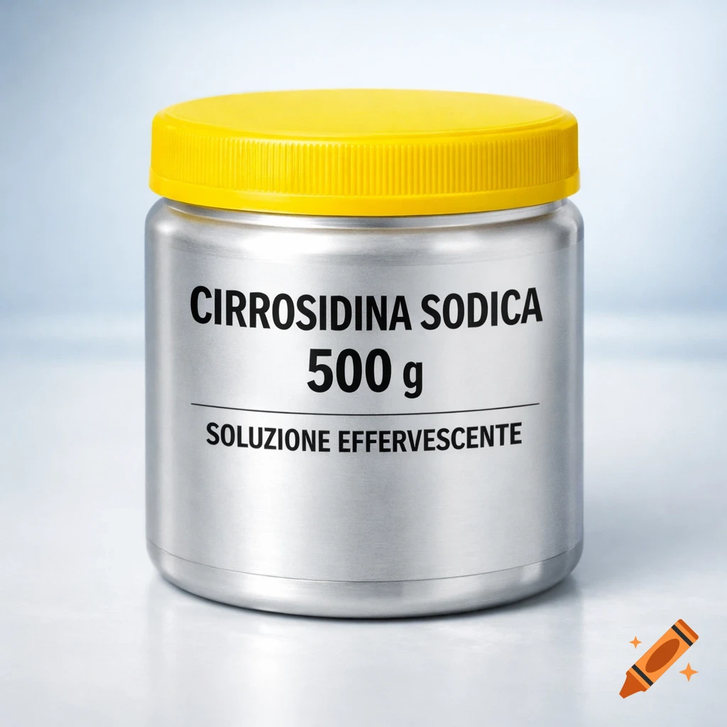 A photorealistic image of a silver metallic jar with a yellow ribbed lid, labeled 'CIRROSIDINA SODICA 500 g SOLUZIONE EFFERVESCENTE'.