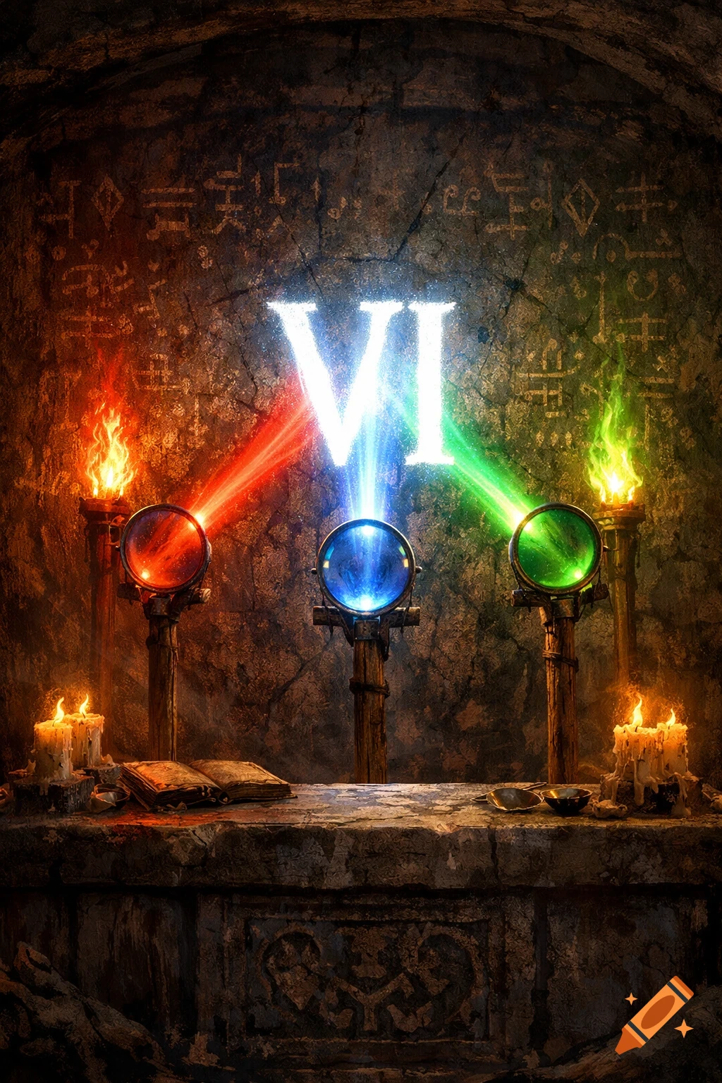A mysterious altar in a dark chamber, with three glowing lenses projecting Roman numeral 'VI' onto an ancient carved stone wall. Torches and candles cast light.