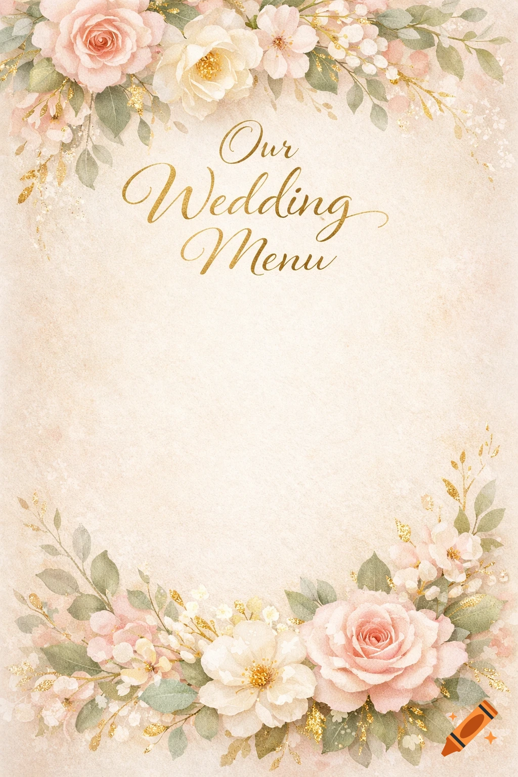 Watercolor wedding menu card with pink and white flowers, green leaves, and gold glitter accents framing the text "Our Wedding Menu".