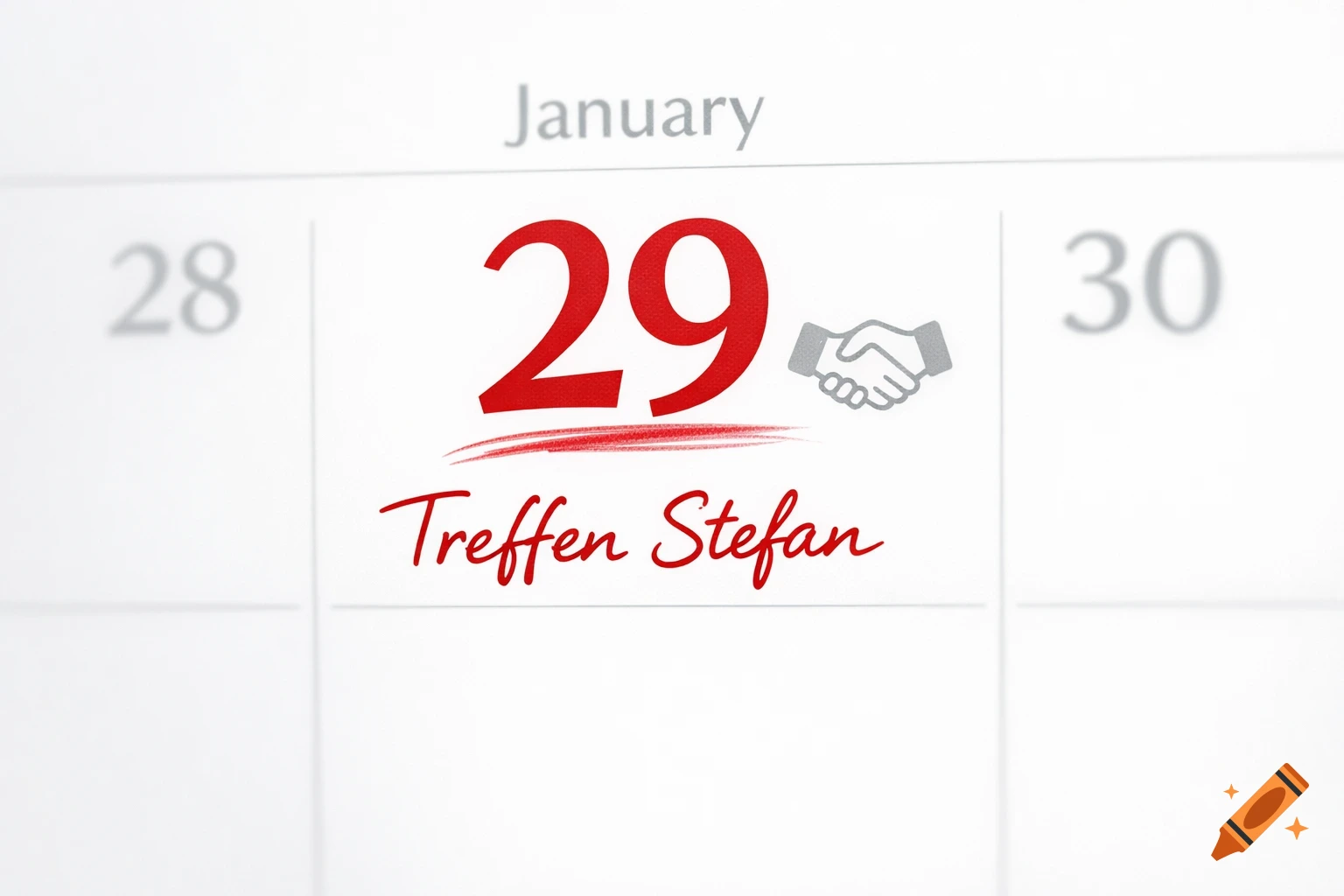Close-up of a calendar page showing January 29th with 'Treffen Stefan' and a handshake icon.