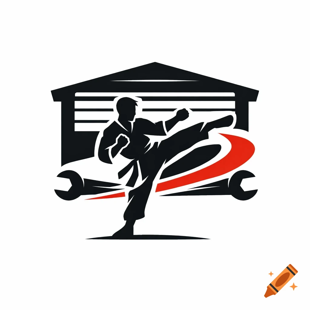 Black and red logo of a karate fighter kicking in front of a garage, car, and wrenches.