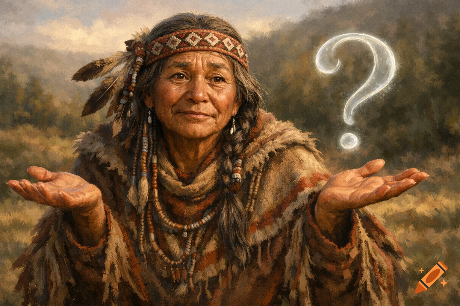 A painterly portrait of an elderly indigenous person shrugging, with a glowing question mark floating beside them.