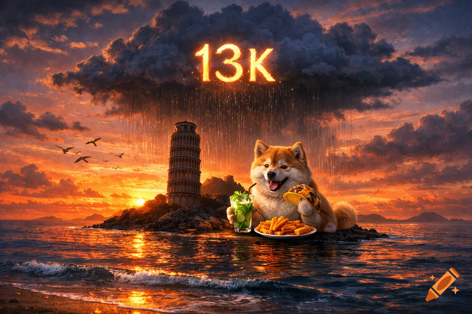 A cute Shiba Inu on a rocky island with the Leaning Tower of Pisa at sunset, drinking a mojito and holding a taco next to fries. '13K' floats above from storm clouds.