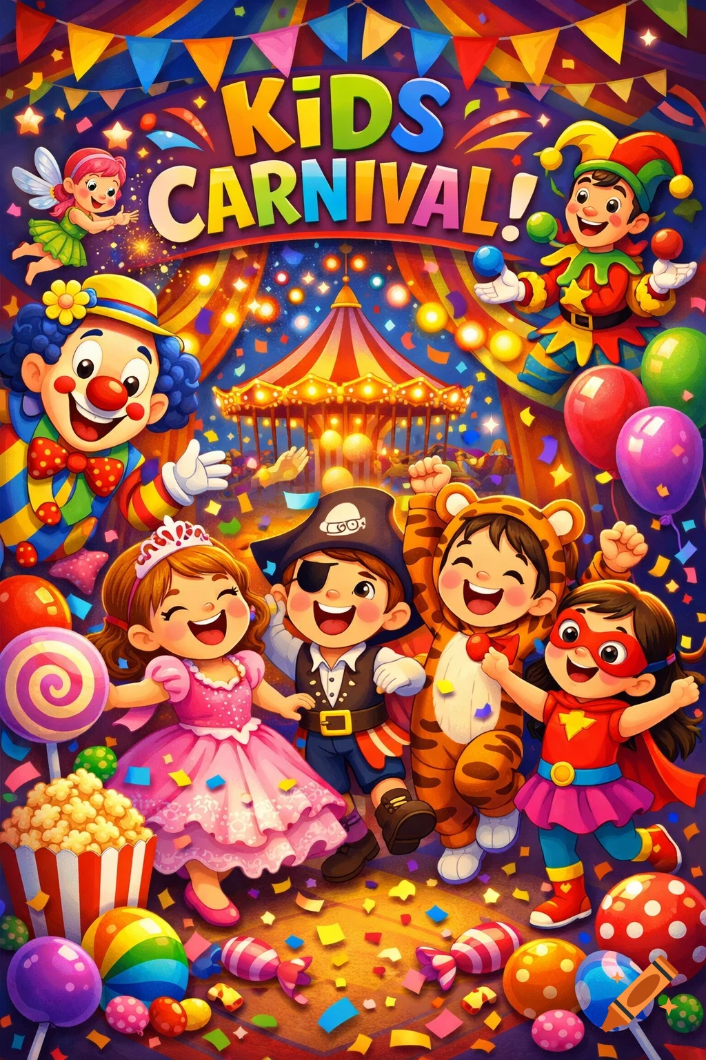 A vibrant illustration of a Kids Carnival poster with happy children in costumes, a clown, jester, and fairy surrounded by festive carnival elements.