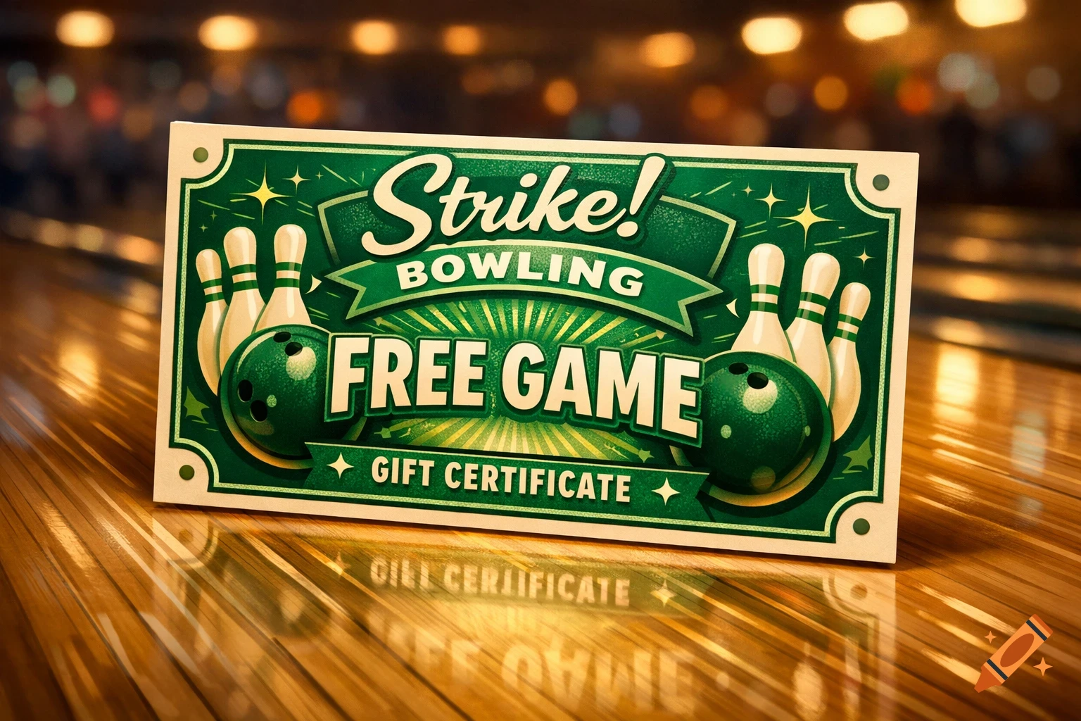 A green bowling gift certificate with text 'Strike! Bowling Free Game Gift Certificate' on a wooden bowling lane.