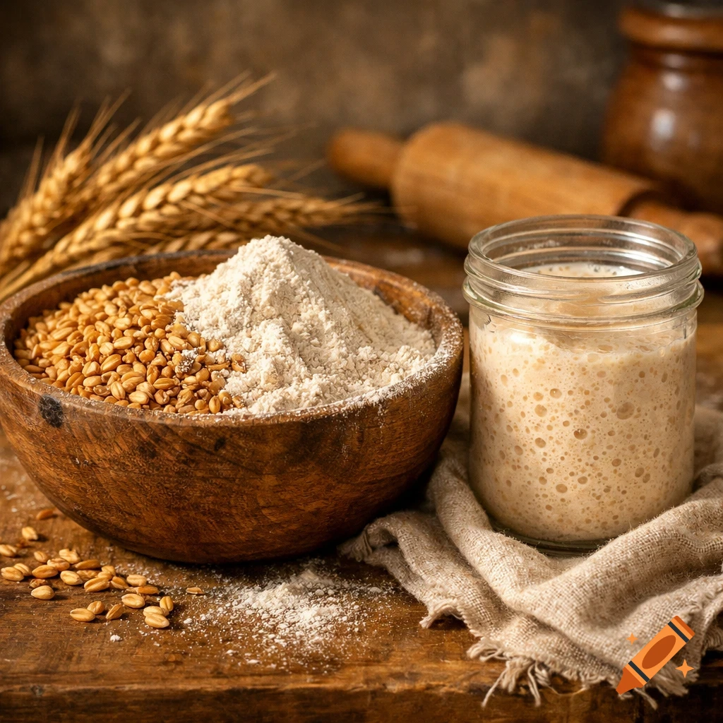 Photorealistic still life of baking ingredients including wheat grains, flour, sourdough starter, and wheat stalks on a wooden table.