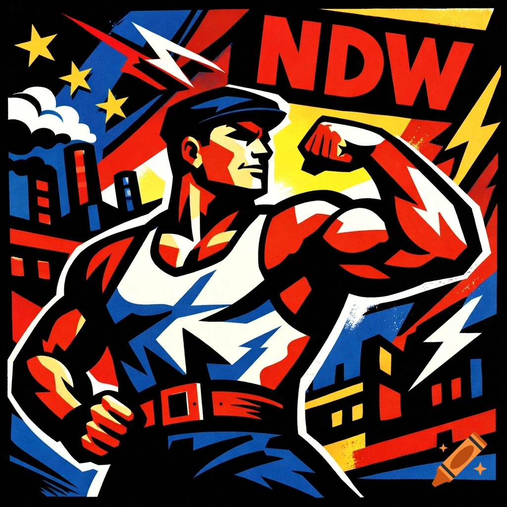 Stylized propaganda-style illustration of a muscular man in a tank top flexing, with an industrial background, stars, lightning bolts, and "NDW" text.