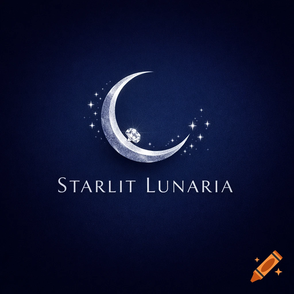 A logo featuring a silver, glittery crescent moon with stars and a sparkling diamond, above the text 'STARLIT LUNARIA' on a dark blue background.