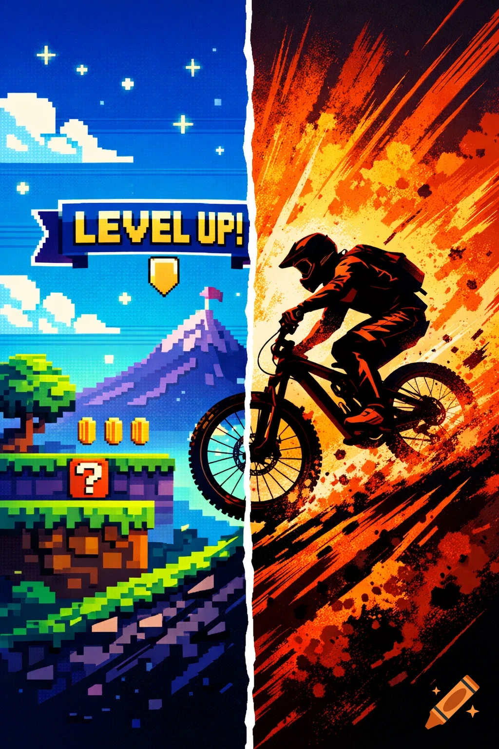 A split image showing a pixel art video game landscape with a 'LEVEL UP!' banner on the left, and a stylized mountain biker on the right with an orange and black background.