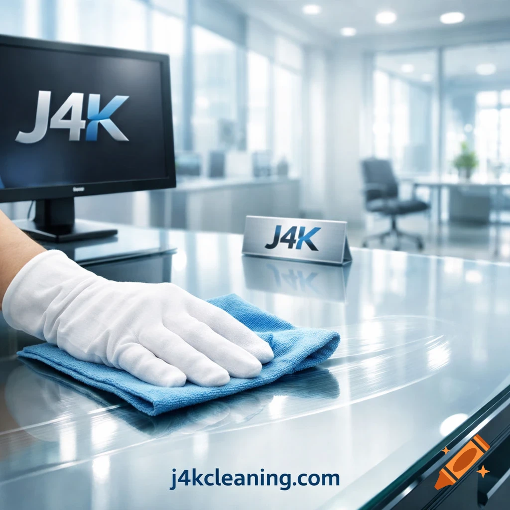 A gloved hand wipes a shiny desk with a blue cloth in a modern office, featuring J4K logos and j4kcleaning.com.