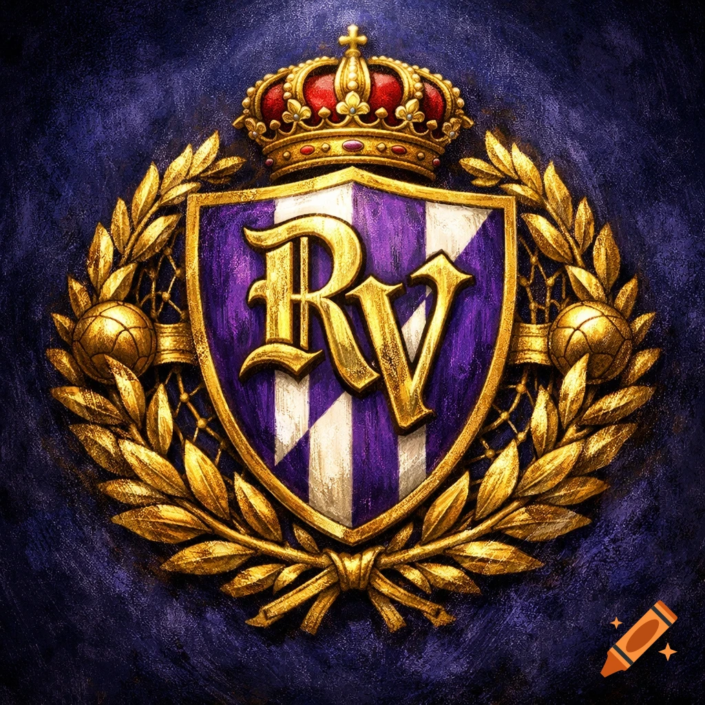 A richly detailed golden and purple crest with a crown, an 'RV' shield, and laurel wreaths on a dark purple background.