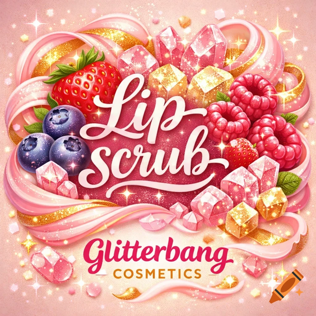 A vibrant, glittery 'Lip Scrub' package design featuring fruits, pink and gold swirls, and sparkling crystals.