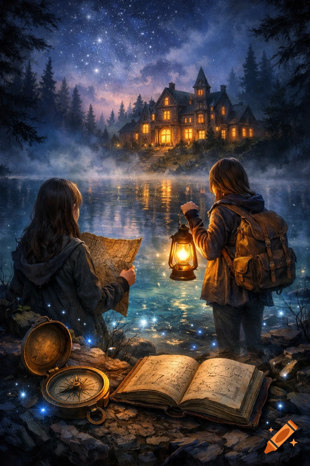 Two sisters explore a mystical lake shore at night, facing an illuminated old orphanage under a starry sky. One holds a map, the other a lantern.