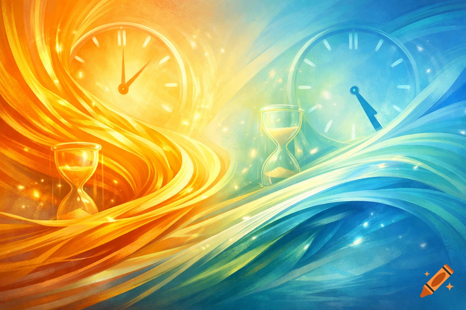 A vibrant illustration showing time split into warm orange and cool blue halves, with swirling colors, clocks, and hourglasses.