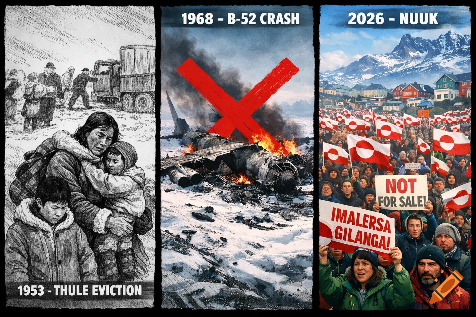 A three-panel historical collage. Left is a black and white sketch of Inuit families during the 1953 Thule Eviction. Middle shows a B-52 crash with a red X in 1968. Right is a vibrant protest in 2026 Nuuk with flags and 'NOT FOR SALE' signs.
