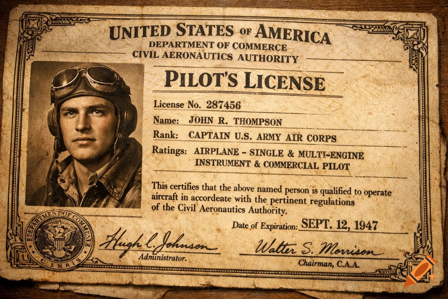 A sepia-toned vintage U.S. Pilot's License from 1947 with a portrait of a pilot in uniform.