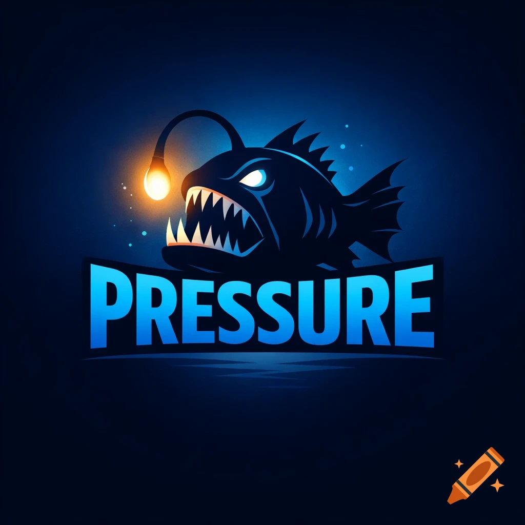 A stylized dark blue anglerfish logo with glowing eyes and lure above the word "PRESSURE" on a dark blue background.