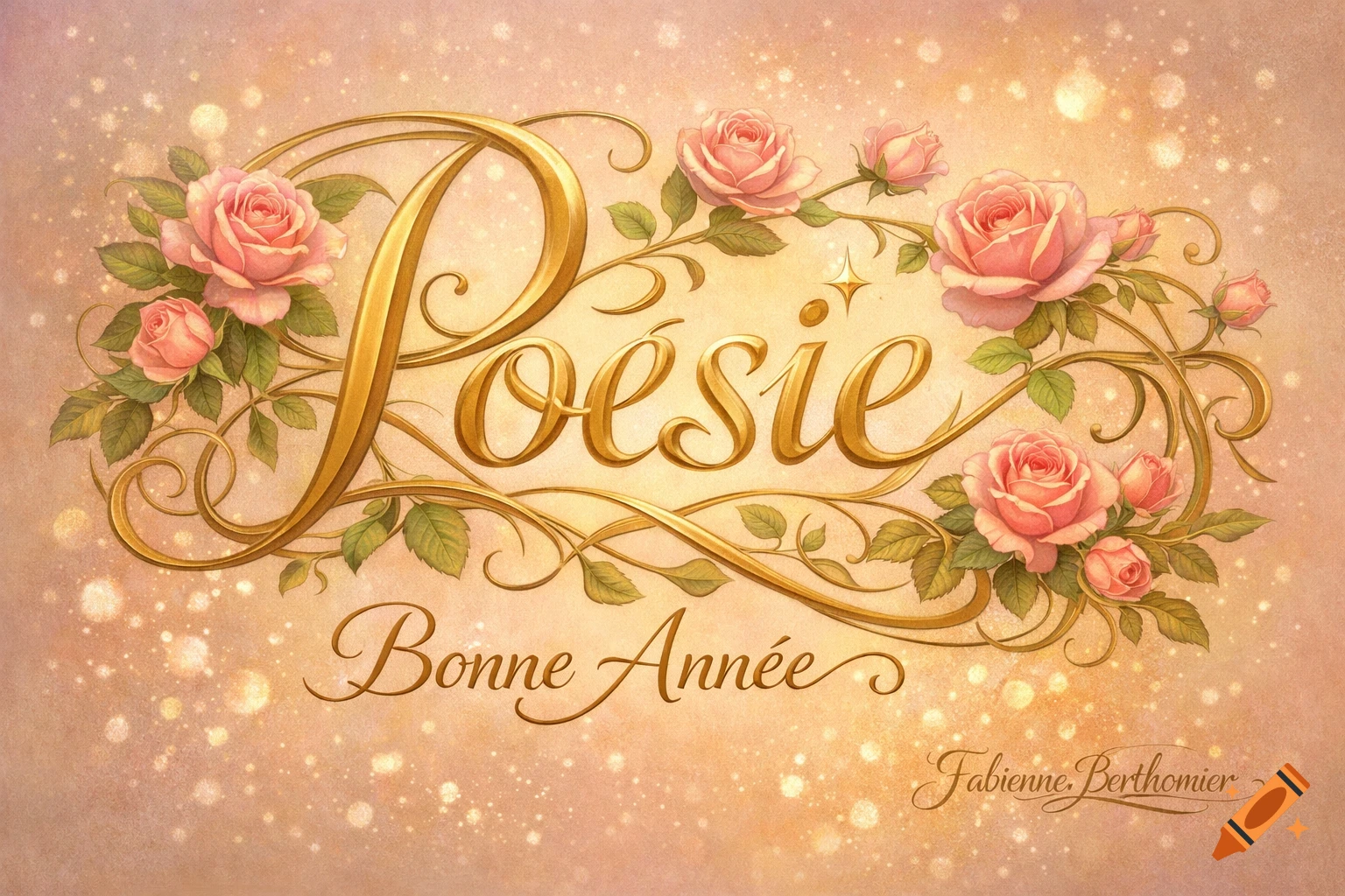 Elegant golden calligraphy spelling 'Poésie Bonne Année' adorned with pink roses and sparkling lights on a textured background.