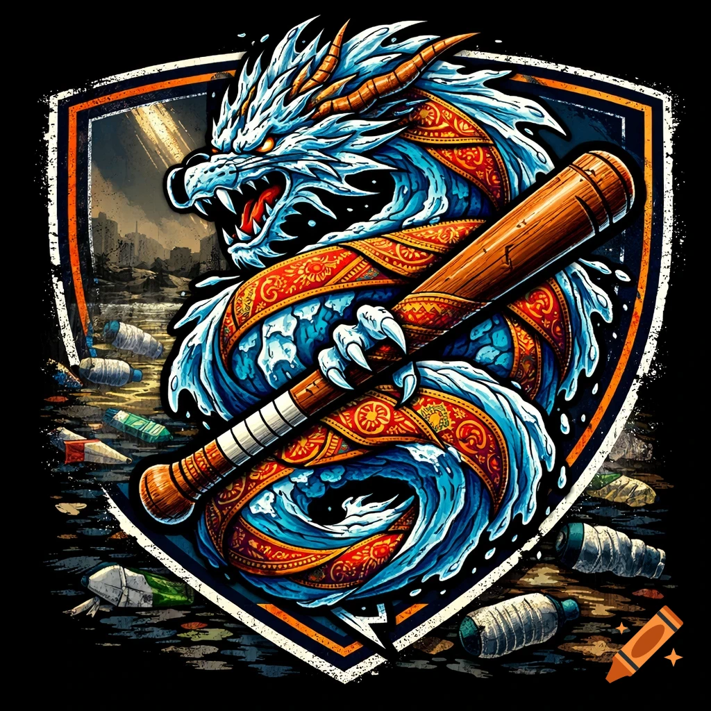 A fierce, majestic dragon made of blue water and red Indian textiles, coiled around a baseball bat, set against a polluted river in a shield emblem.