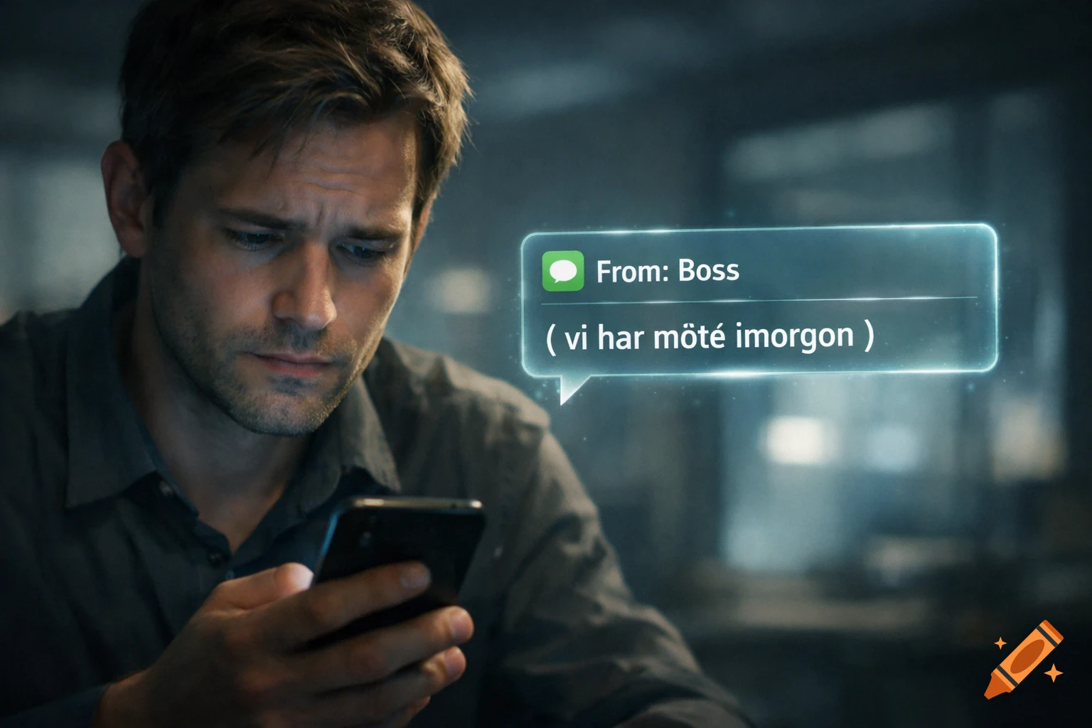 A man intently looking at his smartphone, a holographic text bubble displaying a message from 'Boss'.