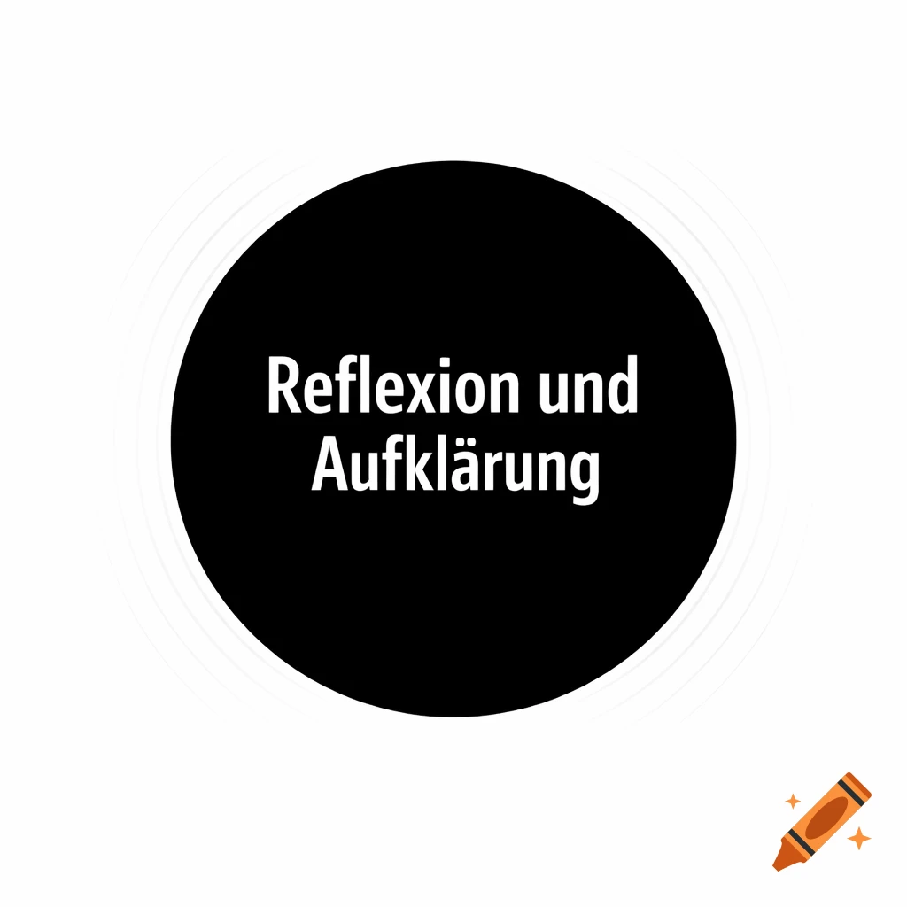 White text 'Reflexion und Aufklärung' on a black circle against a white background.