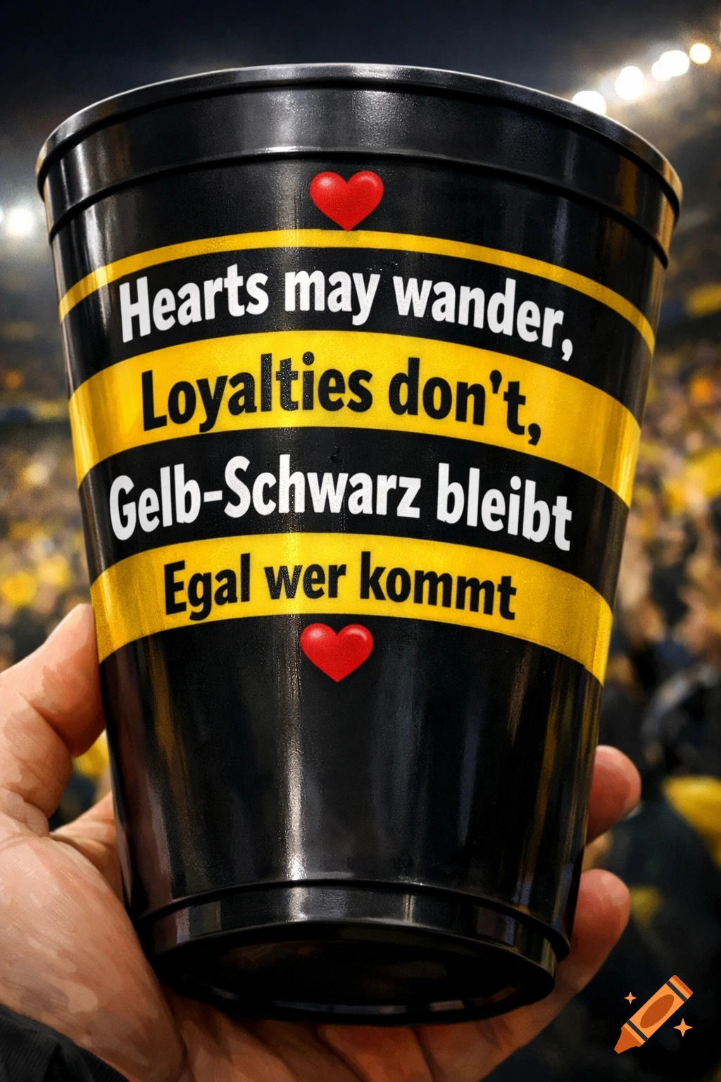 A hand holds a black and yellow striped plastic stadium cup with two red hearts and text that reads, "Hearts may wander, Loyalties don 't, Gelb-Schwarz bleibt Egal wer kommt," in a stadium background.