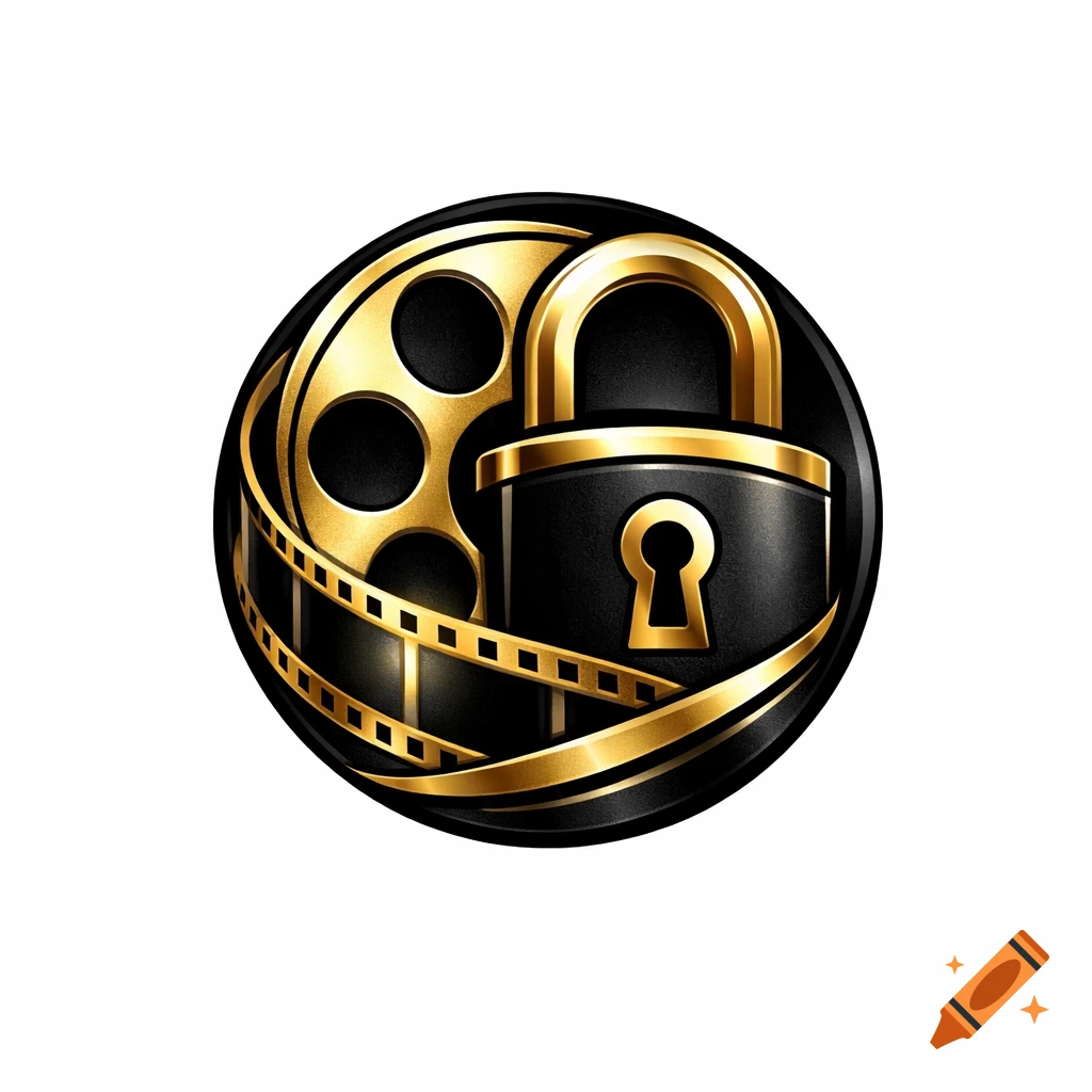 A black and gold circular logo icon featuring a film reel and a padlock with a keyhole.