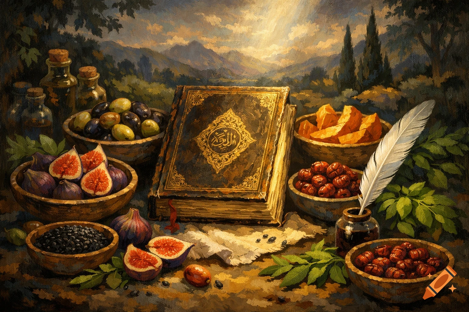 An oil painting of a still life featuring an ornate Quran, bowls of figs, olives, jujube berries, black seeds, and a quill, set against a mountainous landscape.