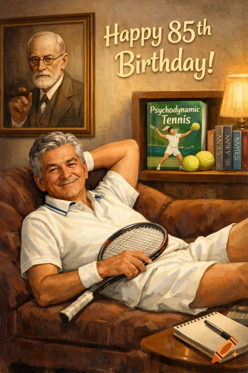 A smiling older man with salt-and-pepper hair, in a tennis outfit, lounges on a brown couch with a tennis racket. Above him, a framed portrait of Freud, and text reads "Happy 85th Birthday!". A book titled "Psychodynamic Tennis" is on a shelf nearby.