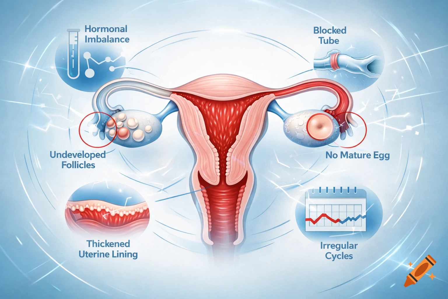 Medical illustration of the female reproductive system, detailing ovulation issues like undeveloped follicles, blocked tubes, and hormonal imbalance.