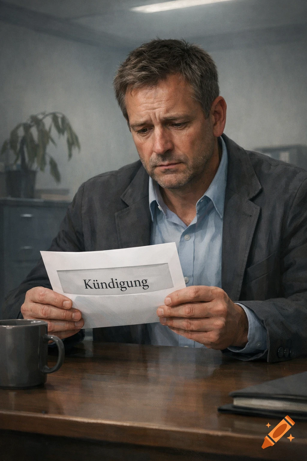 A man with a concerned expression reads a document labeled "Kündigung" at a desk, photorealistic.