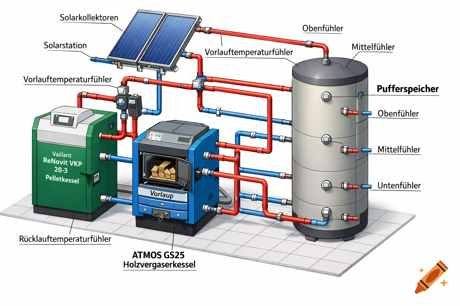 A 3D technical schematic of a complex heating system, combining solar collectors, a solar station, a pellet boiler, a wood gasifier boiler, and a buffer storage tank, all connected by red and blue pipes and labeled in German.