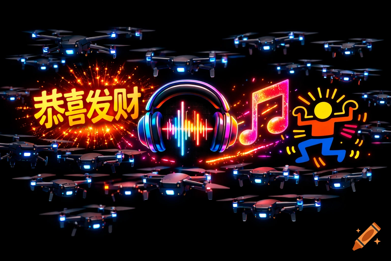 Numerous drones surround glowing neon elements including headphones with a soundwave, a music note, a Keith Haring style figure, and Chinese text '恭喜发财' on a black background.
