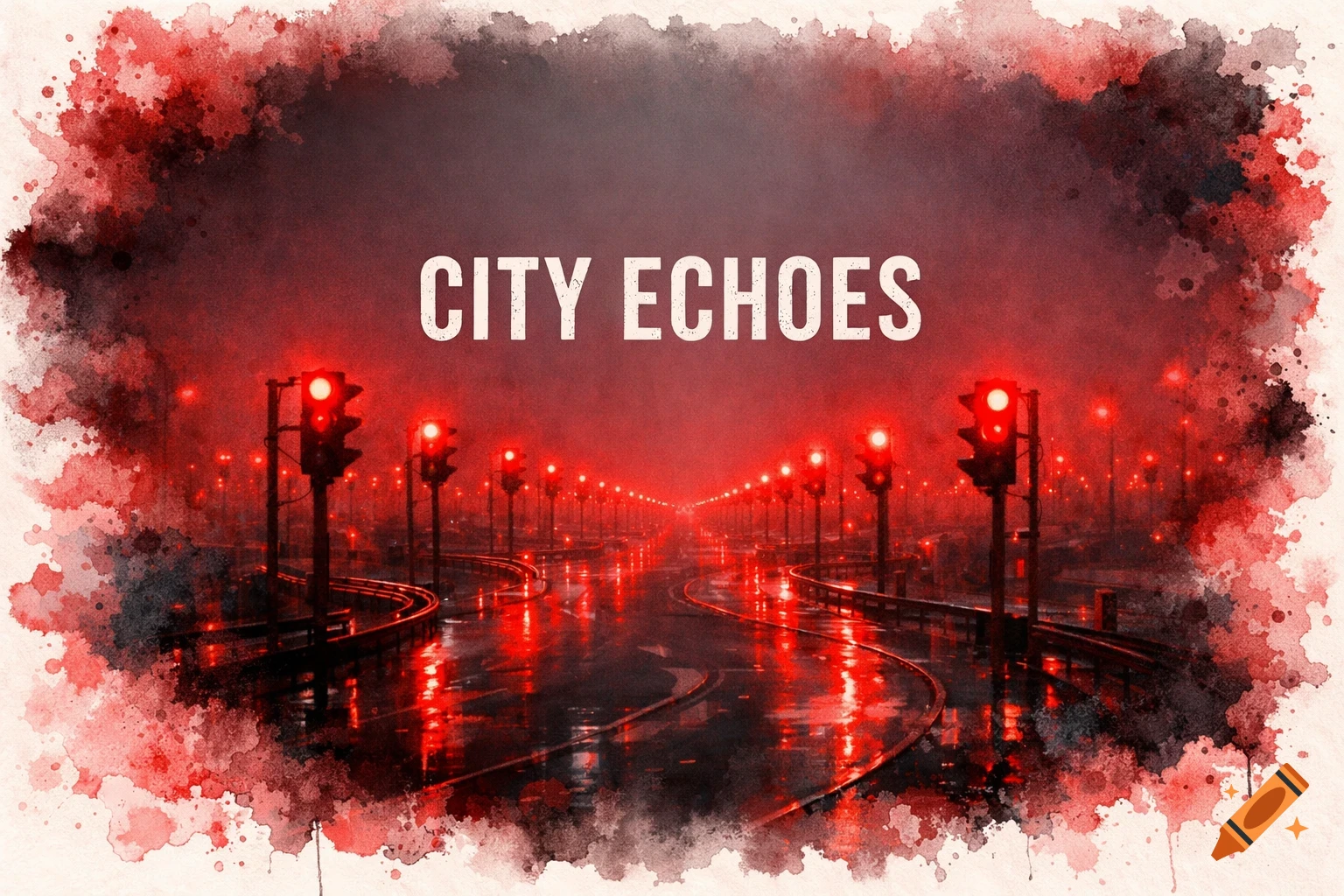 Long exposure of winding city roads and infinite red stoplights on a foggy night, framed by red watercolor splatters. Text 'CITY ECHOES'.