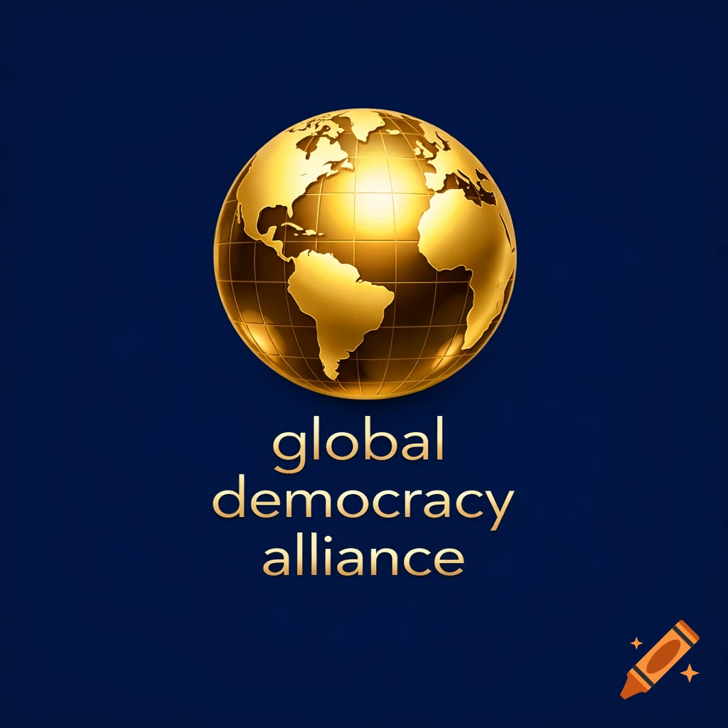 A shiny golden 3D globe with continents, above the golden text 'global democracy alliance' on a dark blue background.