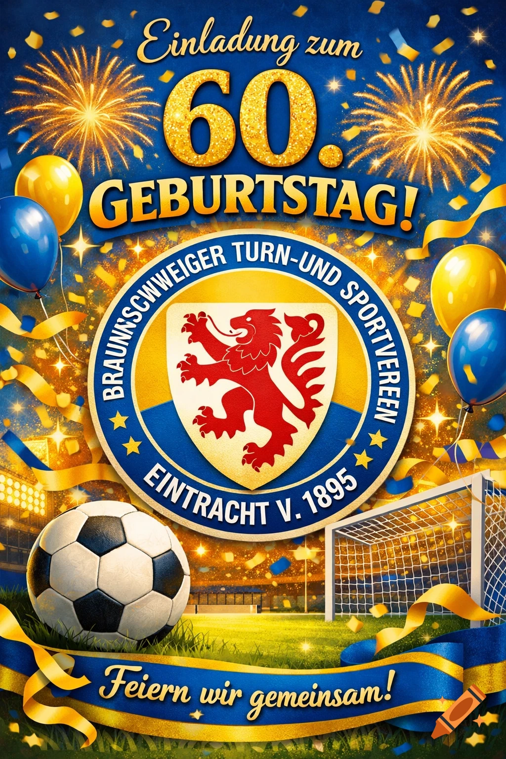 A vibrant birthday invitation for a 60th birthday with a football club logo, a soccer ball, goal, fireworks, and balloons.